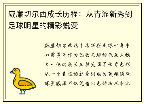 威廉切尔西成长历程：从青涩新秀到足球明星的精彩蜕变