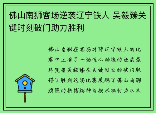 佛山南狮客场逆袭辽宁铁人 吴毅臻关键时刻破门助力胜利